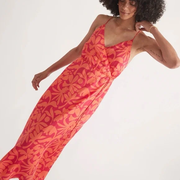 Floral Pink/orange wrap back cross Midi Dress casual classic summer - Picture 3 of 6